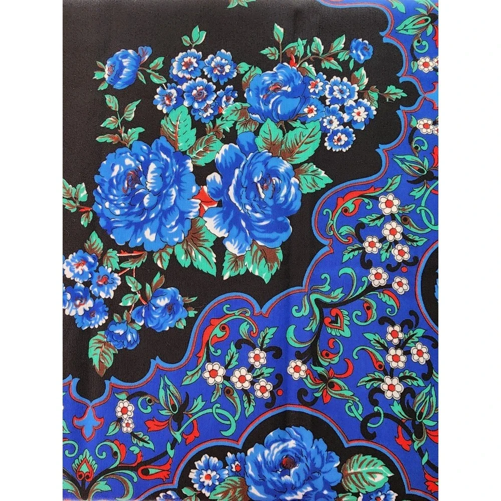 Vintage Blue Floral Scarf Fringe Made Italy Fringe Garden Retro Chic Romantic